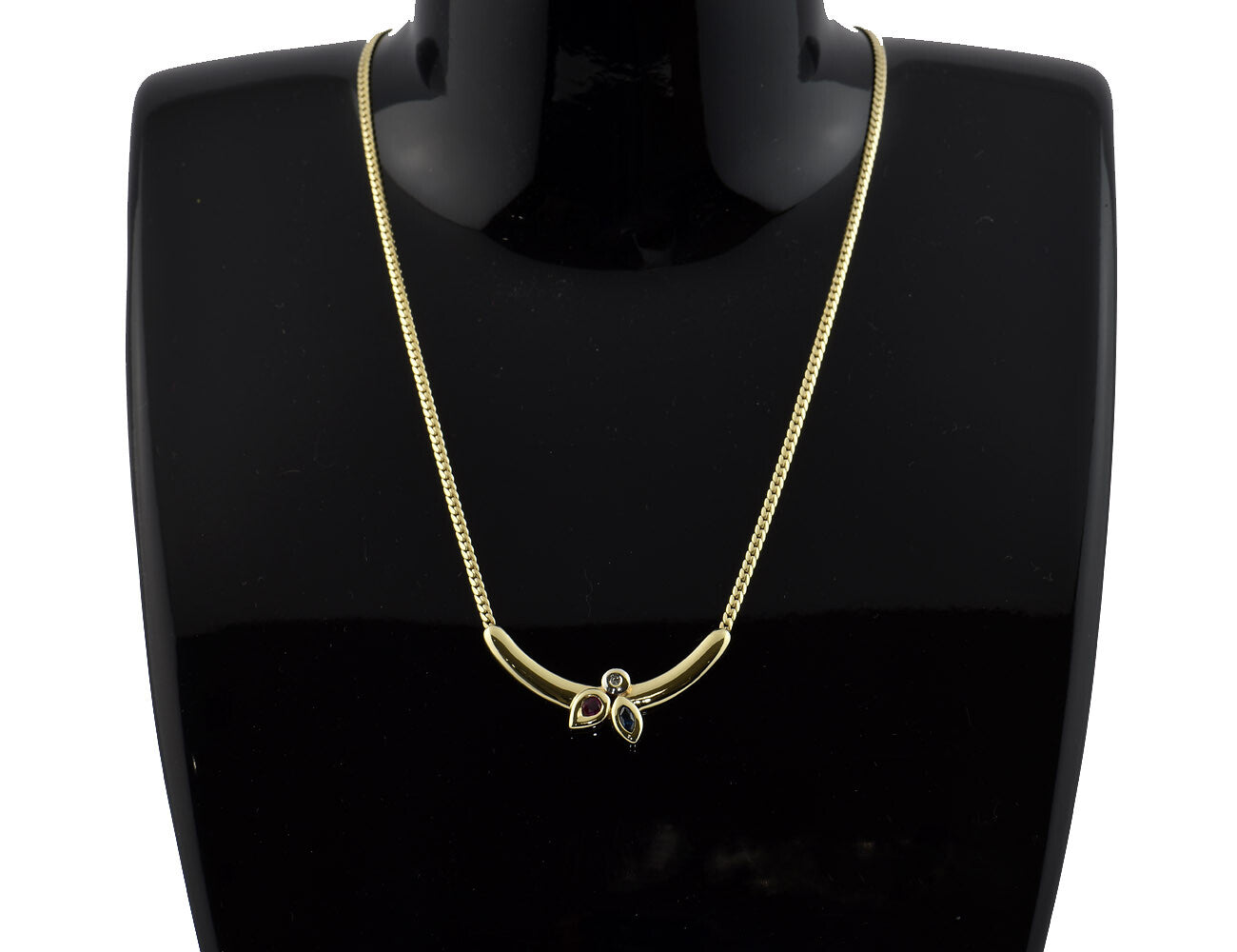 Kette 585/000 14 K Gelbgold Collier Rubin, Saphir, Diamant, 42 cm lang