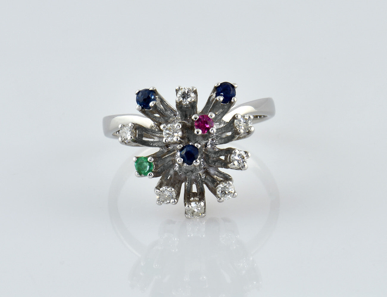 Ring Smaragd Saphir Rubin 585/000 14 K Weißgold 8 Brillanten zus. 0,25 ct