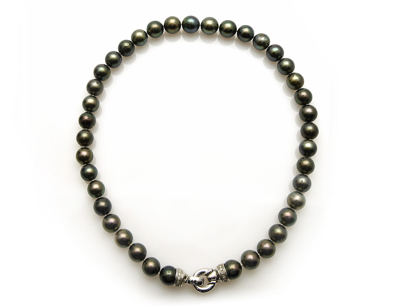 Tahitiperlenkette 10mm-11,80mm, 46 cm, 585 Weißgoldschließe 26 Brill. zus.0,25ct
