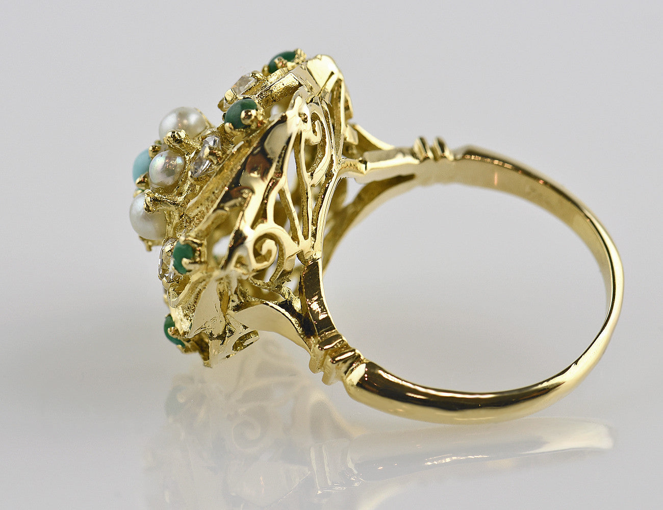 Ring Zuchtperle und Türkis 750/000 18 K Gelbgold Zirkonia