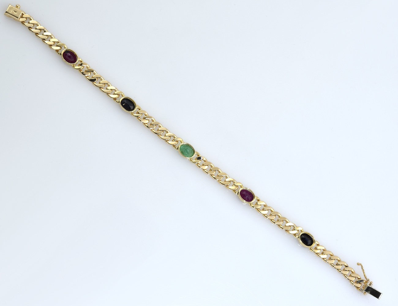 Armband Panzerkette 585/000 14 K Gelbgold Rubin, Saphir, Smaragd 19,5 cm