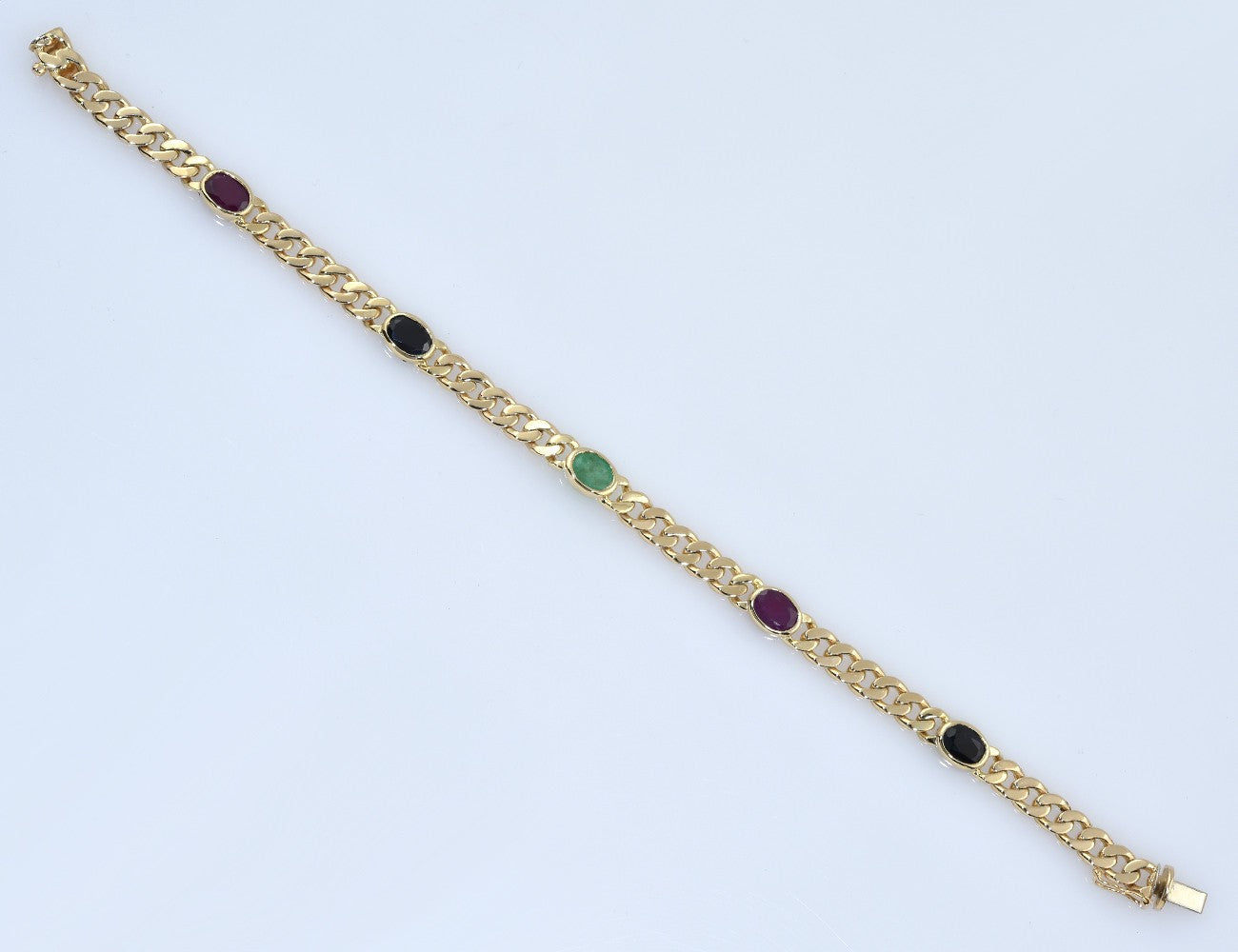 Armband Panzerkette 585/000 14 K Gelbgold Rubin, Saphir, Smaragd 19,5 cm