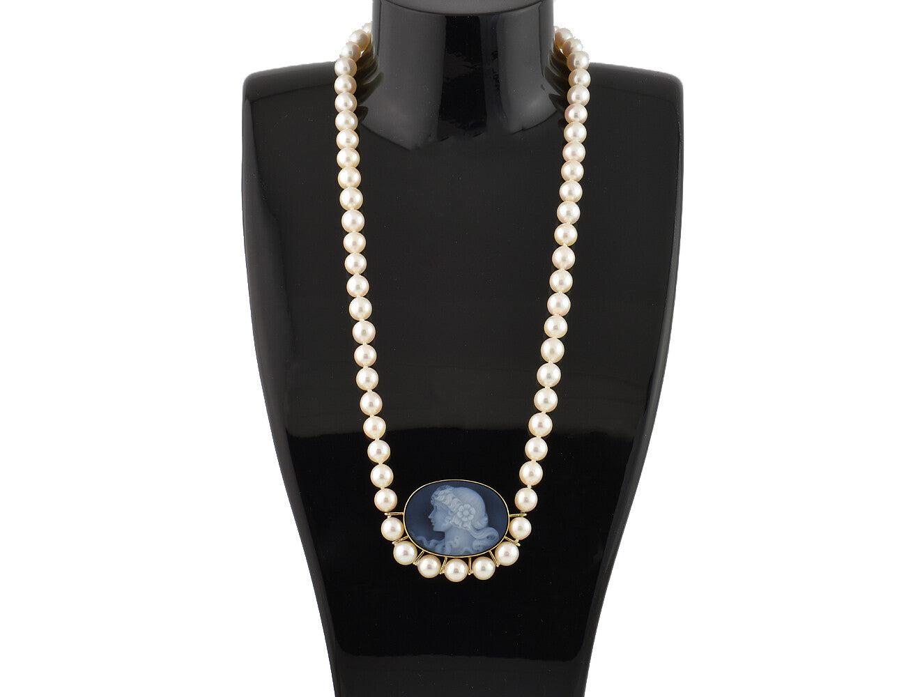 Akoyaperlenkette mit Onyx Gemme, 46 cm lang, 585/000 14 K Gelbgold