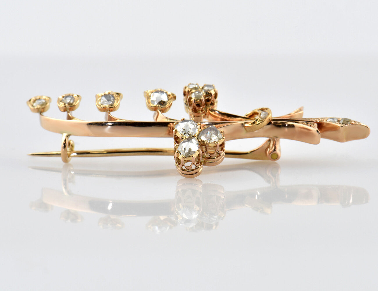 Antike Brosche 585/000 14 K Gelbgold mit Diamantrosen