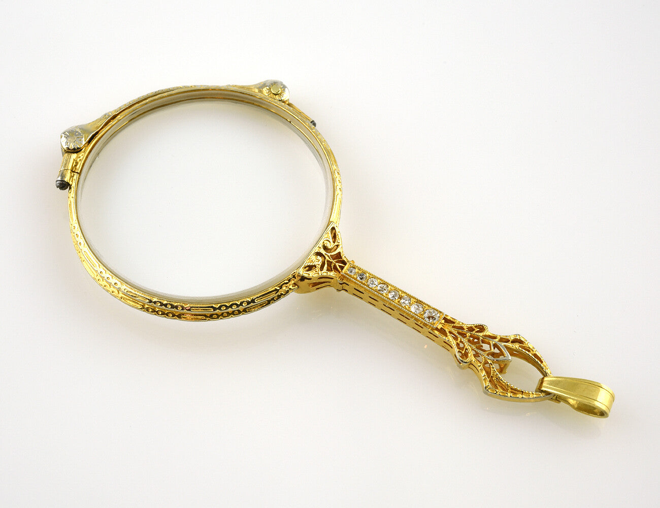 Alte Englische Lorgnette 10 K Gold Klappbrille 8 Diamanten zus. 0,18 ct