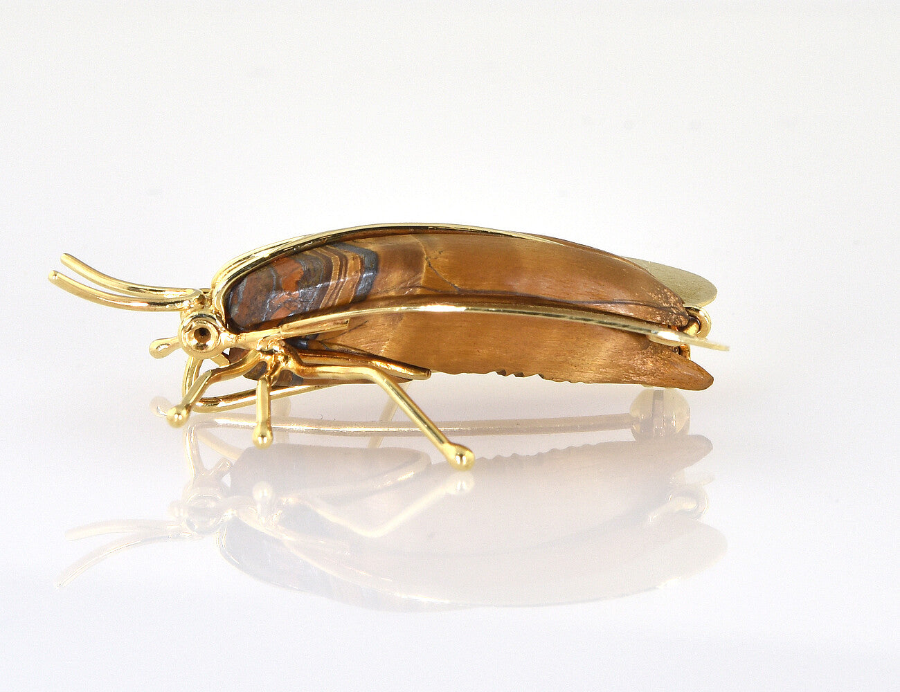 Brosche Fliege (Käfer) mit Tigerauge 585/000 14 K Gelbgold