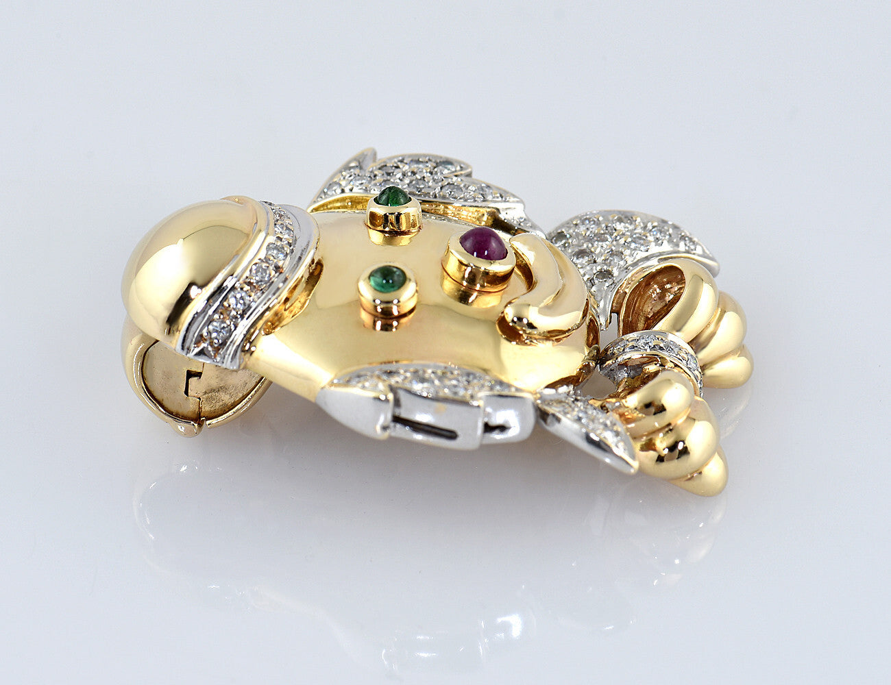 Anhänger Clown-Kopf Smaragd Rubin 585 14 K Gelbgold, 47 Diamanten zus. 0,50 ct