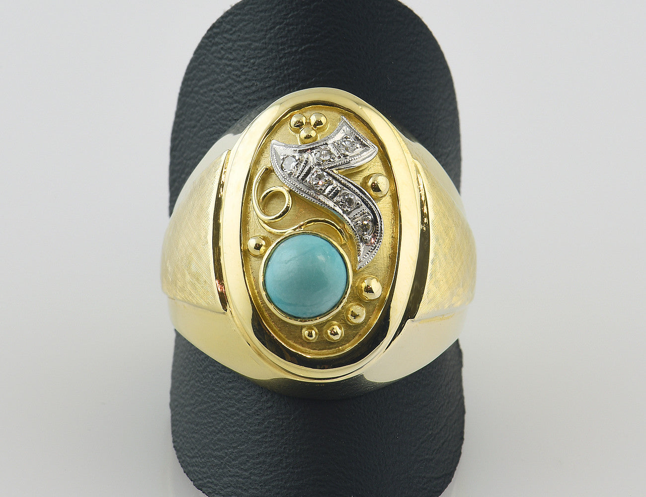 Antiker Ring, Diamant, Türkis, 585 14 K Gelbgold, 6 Diamanten zus. 0,05 ct