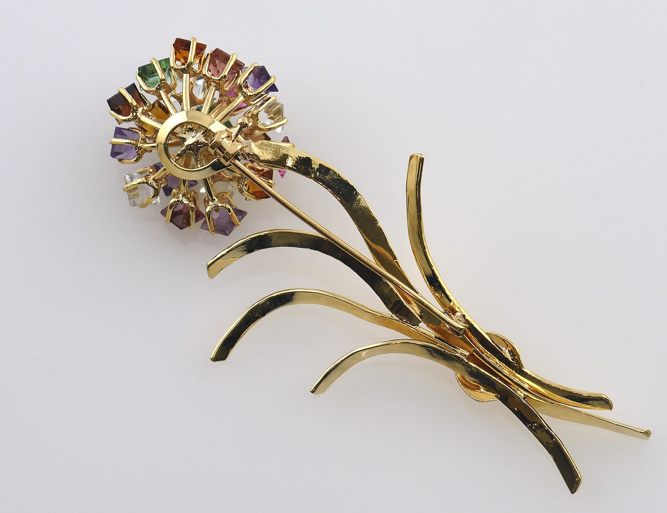 Brosche 585 14 K Gelbgold Amethyst, Rauchquarz, Citrin, Bergkristall, Granat