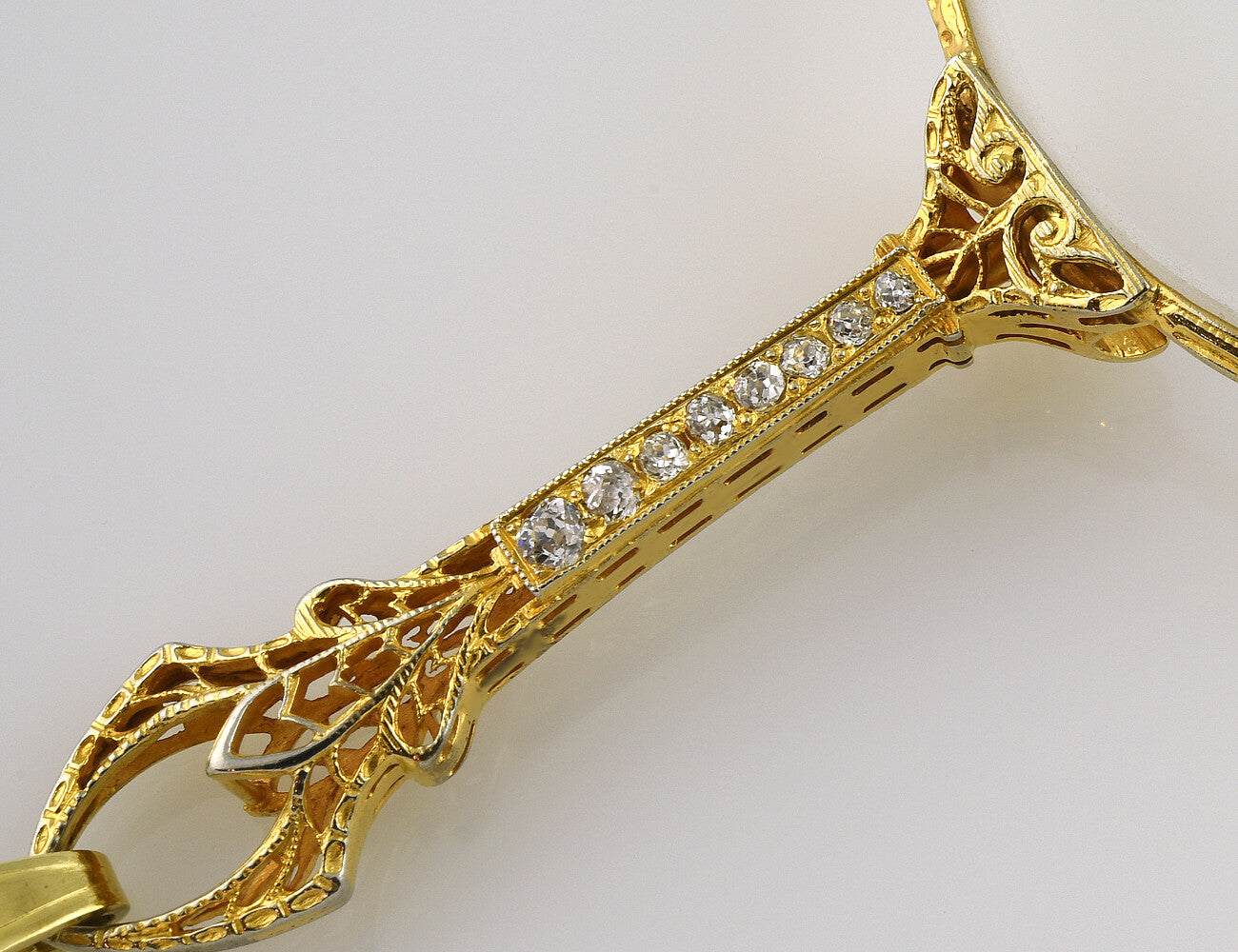 Alte Englische Lorgnette 10 K Gold Klappbrille 8 Diamanten zus. 0,18 ct