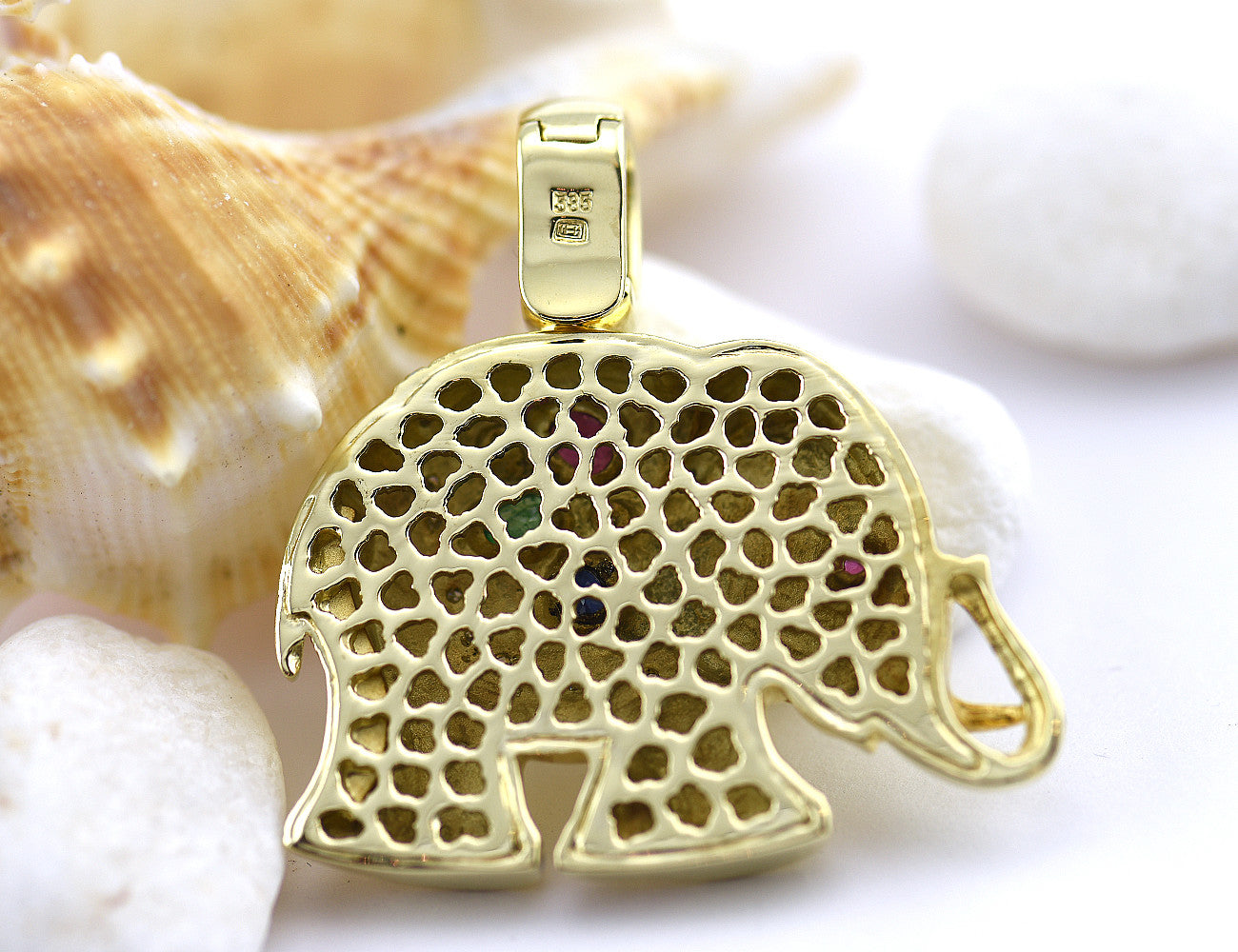 Anhänger Elephant Saphir, Rubin, Smaragd 14 K Gelbgold 27 Diamanten zus. 0,25 ct