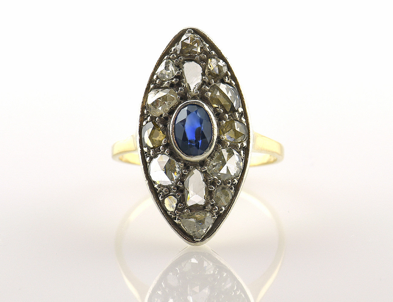 Art Deco Ring 585/000 14 K Gelbgold Saphir, Diamantrosen ca. 1,50 ct
