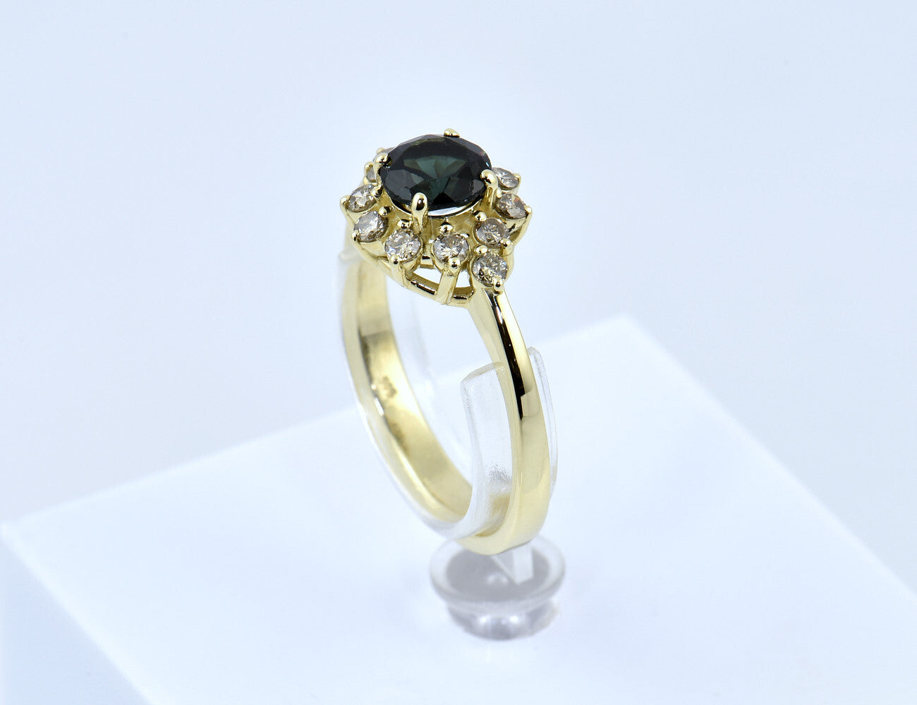 Chromdiopsid Diamant Ring 585/000 14 K Gelbgold 12 Brillanten zus. 0,42 ct