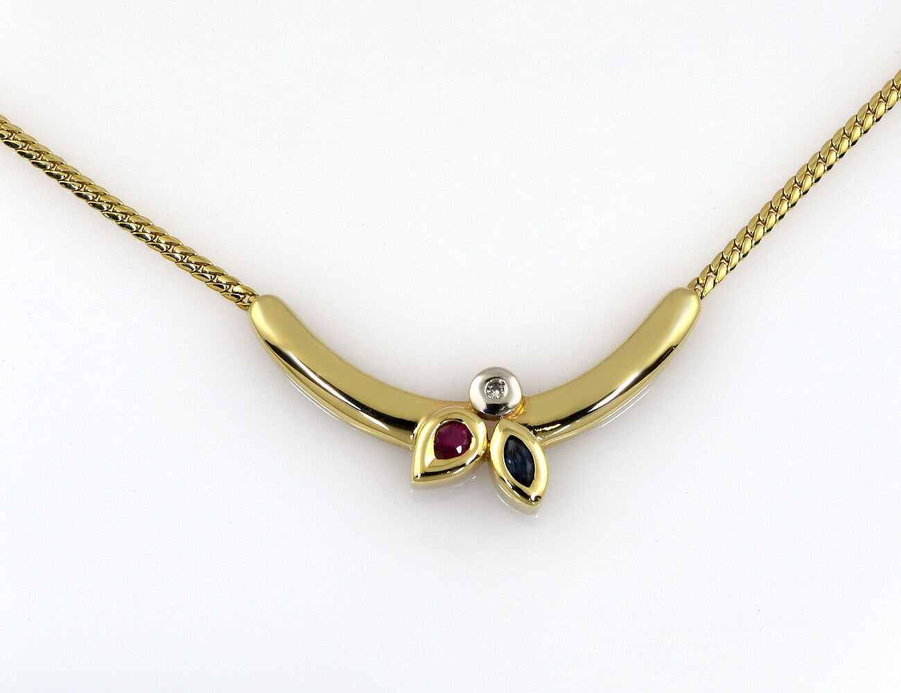 Kette 585/000 14 K Gelbgold Collier Rubin, Saphir, Diamant, 42 cm lang