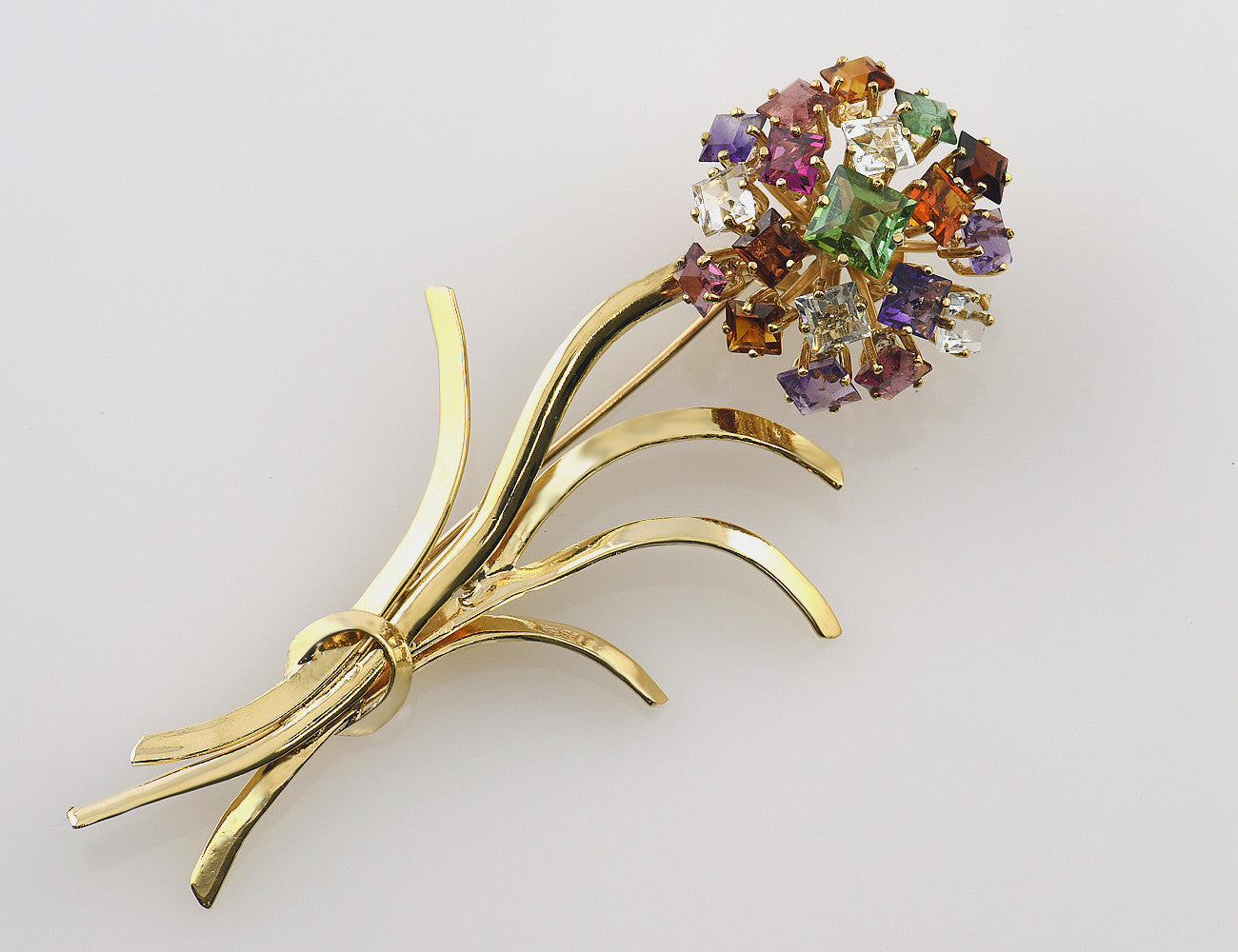 Brosche 585 14 K Gelbgold Amethyst, Rauchquarz, Citrin, Bergkristall, Granat