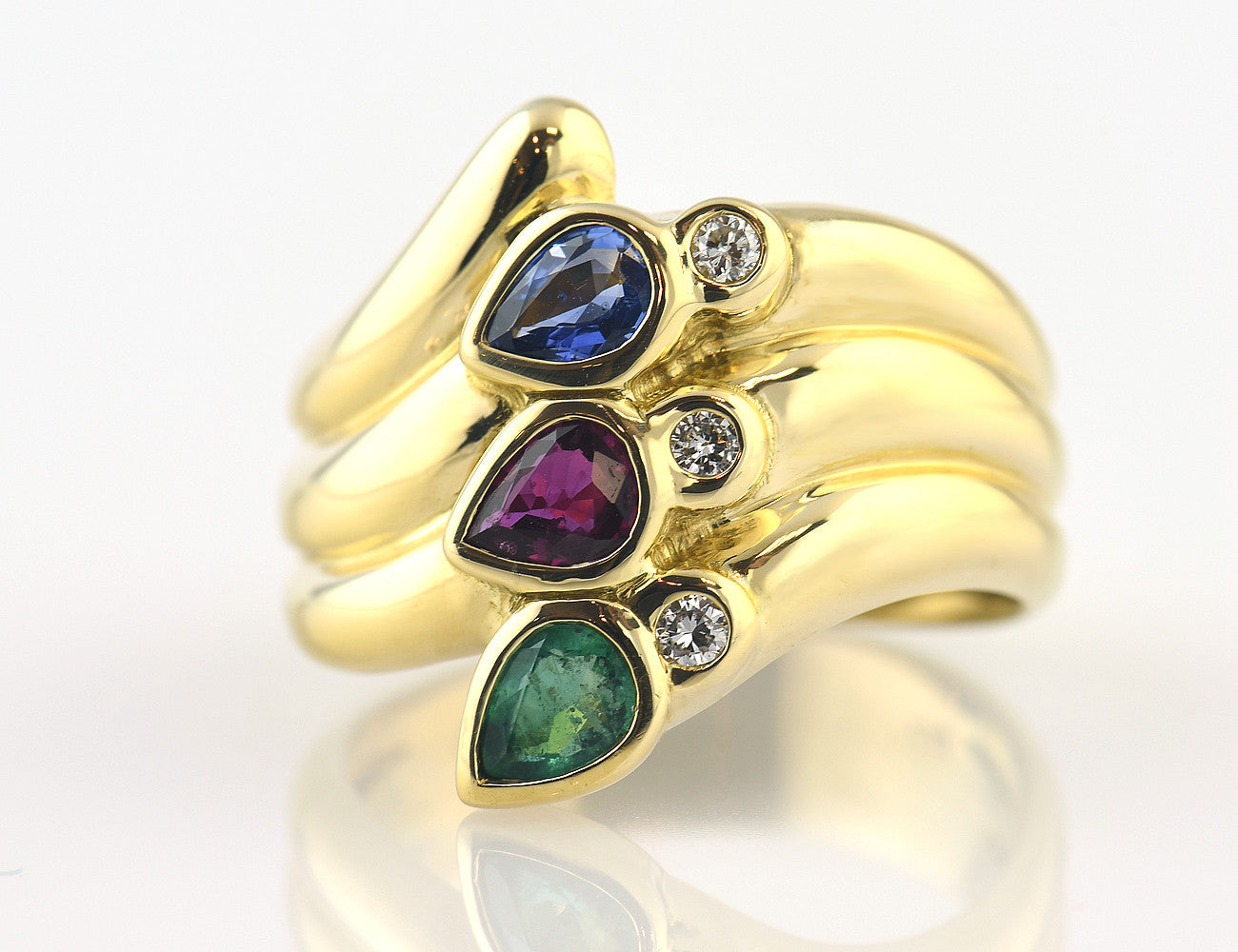 Ring Dia Saphir Rubin Smaragd 585/000 14 K Gelbgold 3 Brillanten zus. 0,09 ct