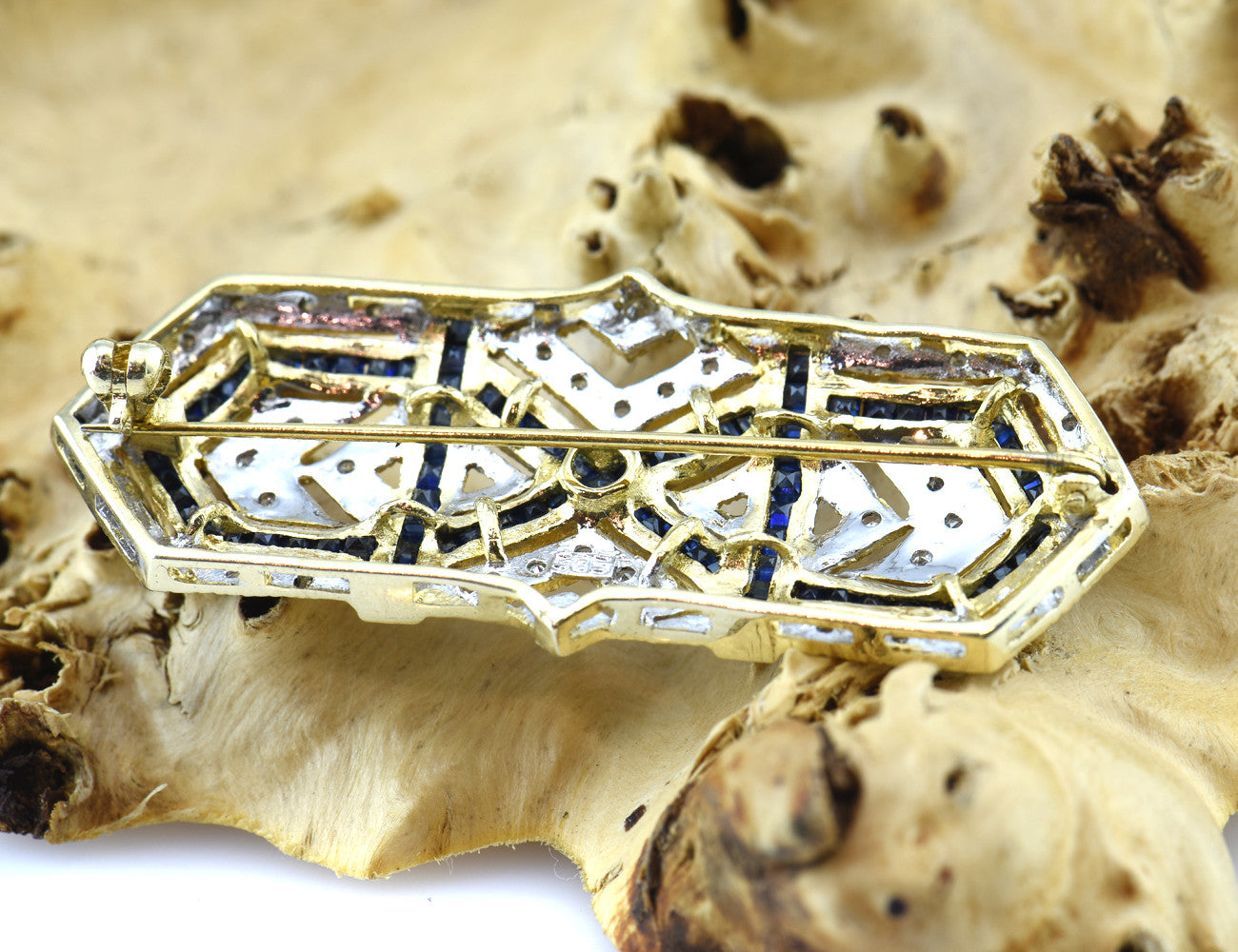 Brosche Saphir 585 14 K Gelbgold 42 Diamanten zus. 0,50 ct