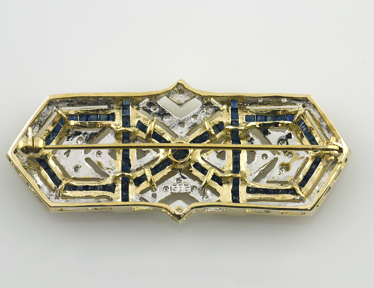 Brosche Saphir 585 14 K Gelbgold 42 Diamanten zus. 0,50 ct