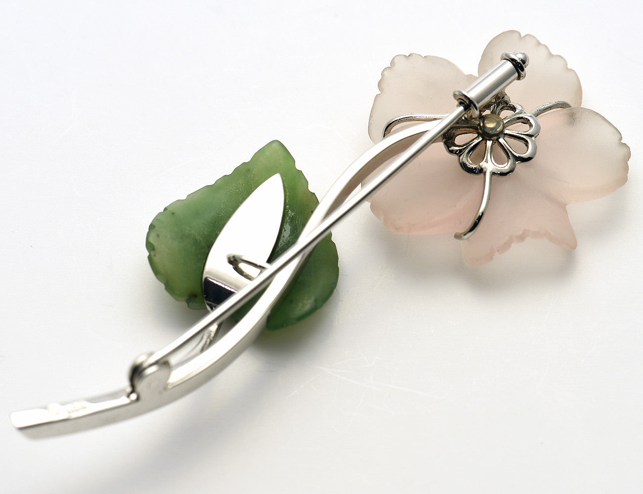 Brosche 585/000 14 K Weißgold Jade, Rosenquarz Brillant 0,05 ct