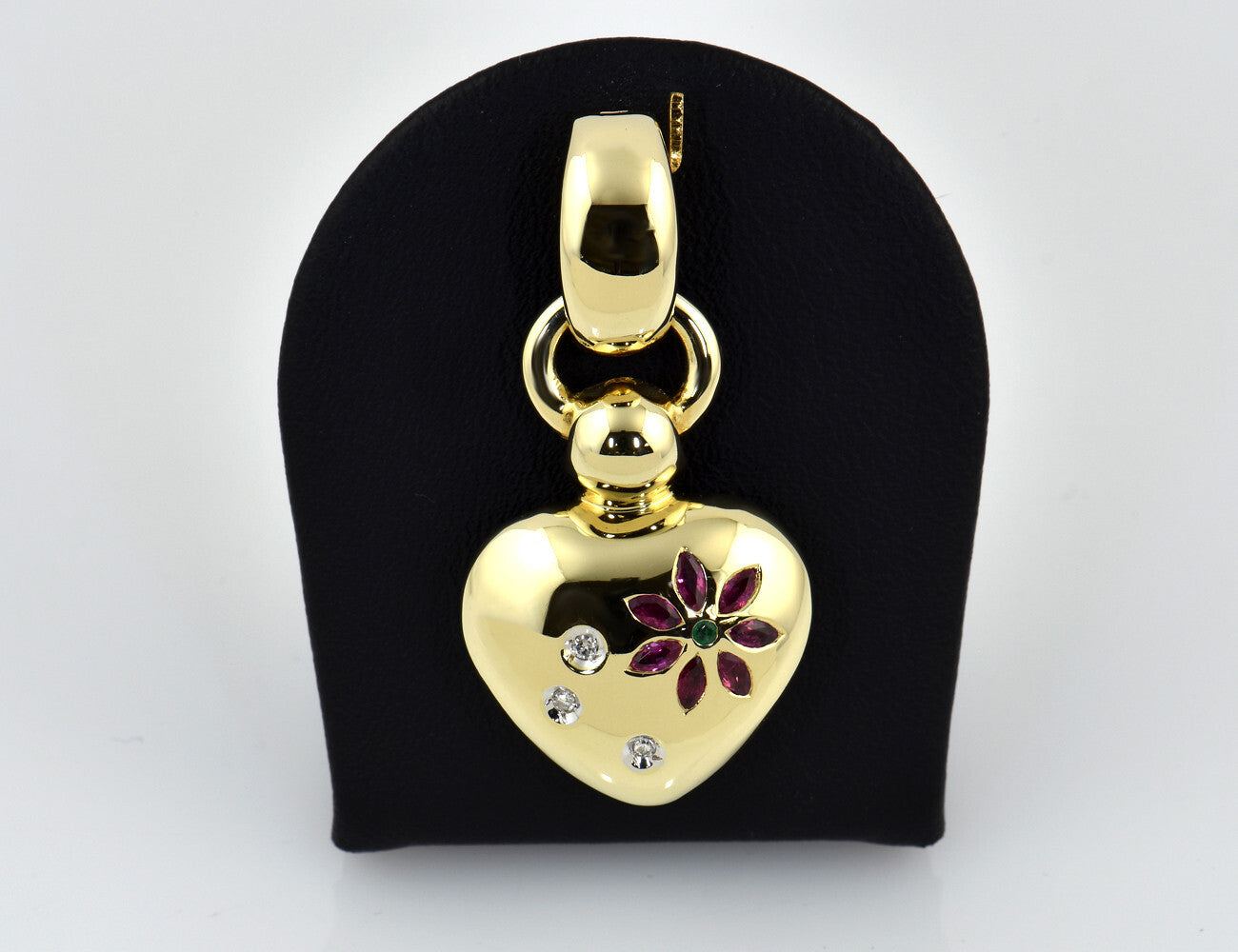 Anhänger Herz Rubin Smaragd 585/000 14 K Gelbgold 3 Diamanten zus. 0,03 ct