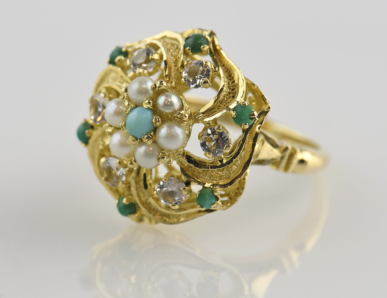 Ring Zuchtperle und Türkis 750/000 18 K Gelbgold Zirkonia