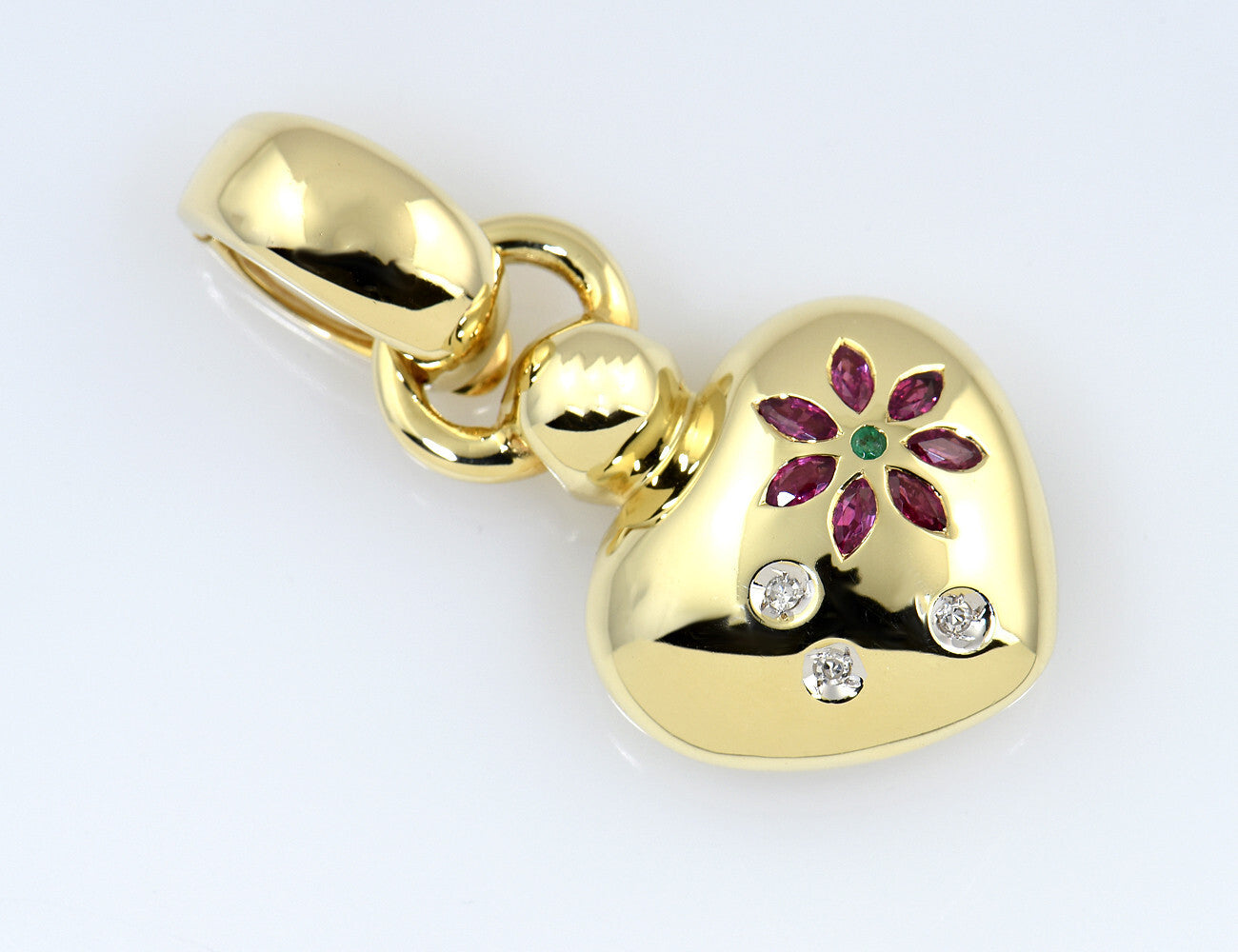 Anhänger Herz Rubin Smaragd 585/000 14 K Gelbgold 3 Diamanten zus. 0,03 ct