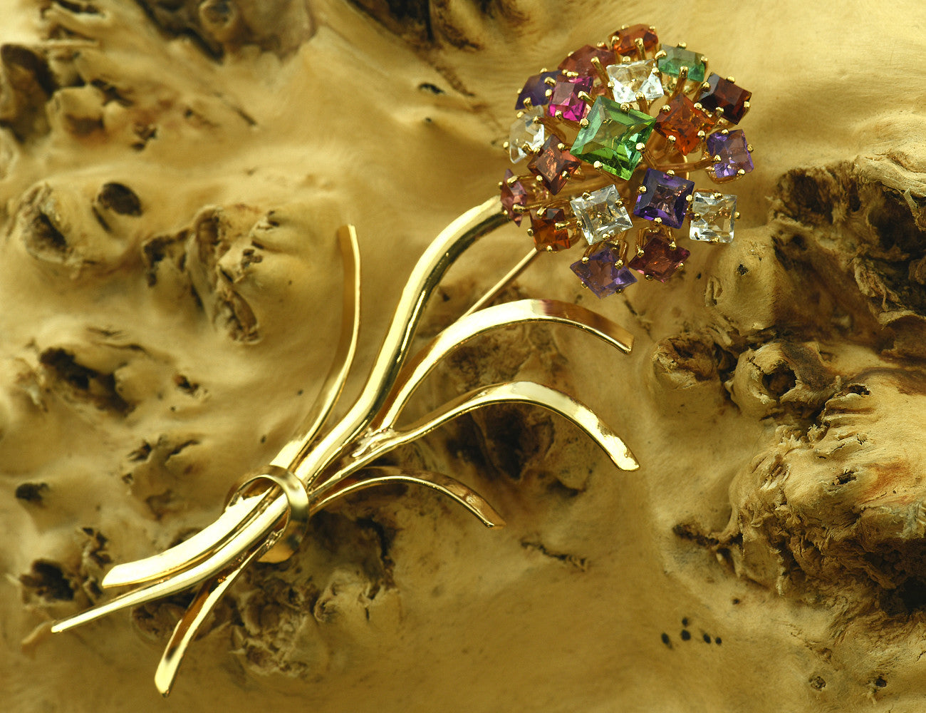 Brosche 585 14 K Gelbgold Amethyst, Rauchquarz, Citrin, Bergkristall, Granat
