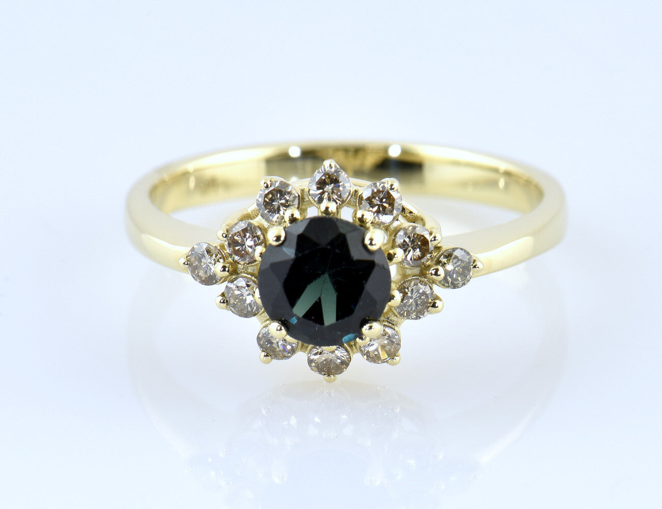 Chromdiopsid Diamant Ring 585/000 14 K Gelbgold 12 Brillanten zus. 0,42 ct