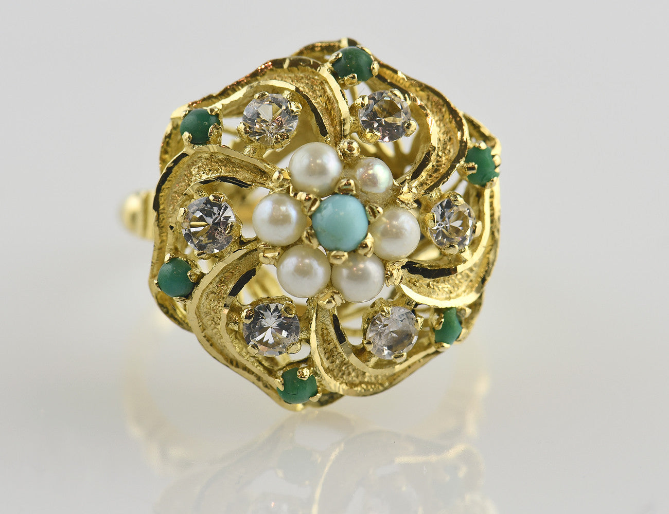 Ring Zuchtperle und Türkis 750/000 18 K Gelbgold Zirkonia