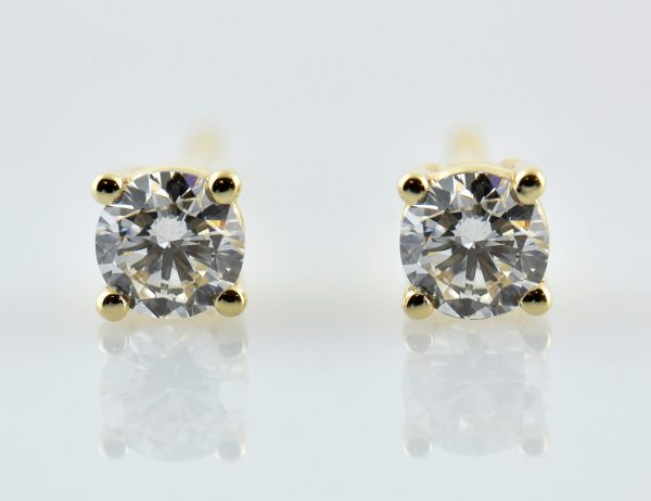Solitaire Diamond Stud Earrings, 585 14K Yellow Gold, 2 Diamonds totaling 0.50 ct