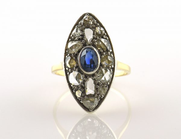 Art Deco Ring 585/000 14 K Gelbgold Saphir, Diamantrosen ca. 1,50 ct