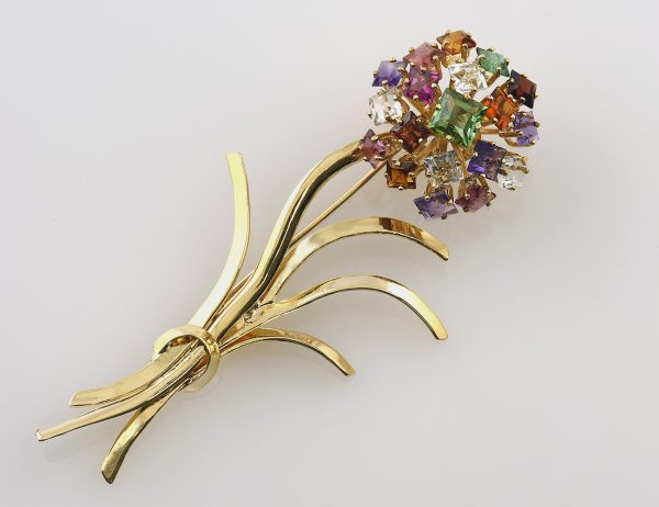 Brosche 585 14 K Gelbgold Amethyst, Rauchquarz, Citrin, Bergkristall, Granat