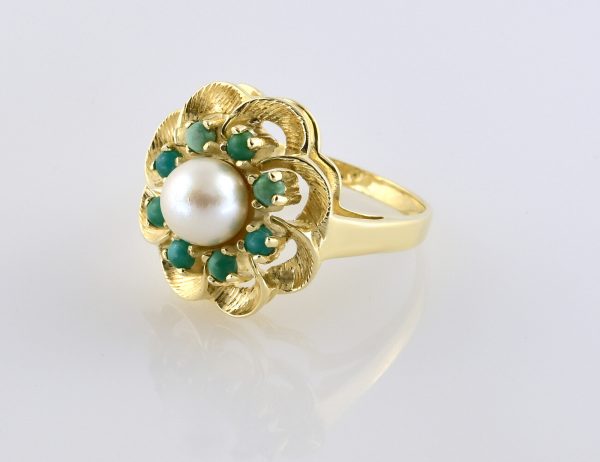 Ring Zuchtperle und Türkis 585/000 14 K Gelbgold
