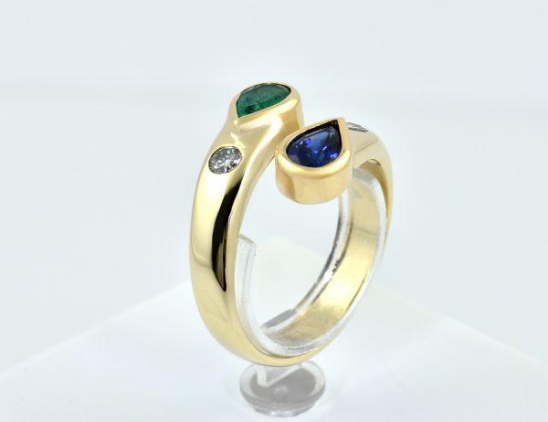Ring Saphir Smaragd Diamant  585/000 14 K Gelbgold 2 Brillanten zus. 0,24 ct