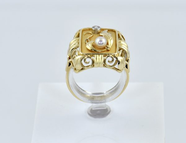 Antiker Ring Perle Diamant 585/00 14 K Gelbgold,  Brillant 0,05 ct