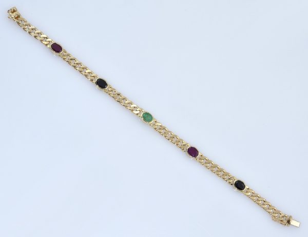 Armband Panzerkette 585/000 14 K Gelbgold Rubin, Saphir, Smaragd 19,5 cm