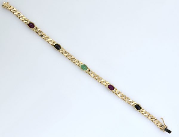 Armband Panzerkette 585/000 14 K Gelbgold Rubin, Saphir, Smaragd 19,5 cm