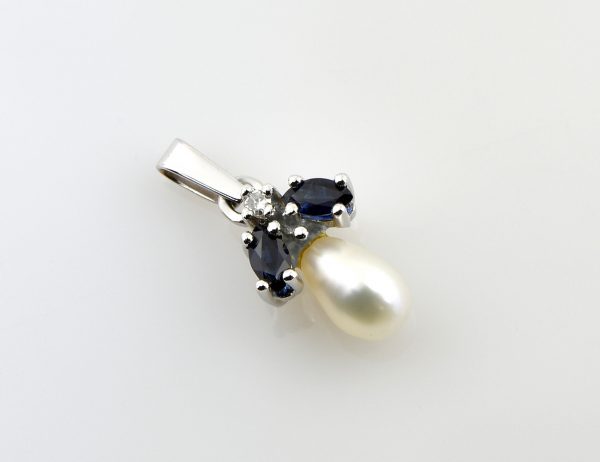 Anhänger Saphir Süßwasser Perle 585/000 14 K Weißgold 1 Diamant 0,03 ct