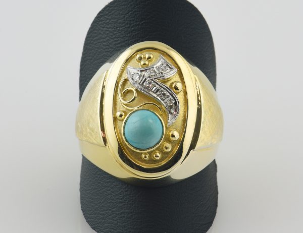 Antiker Ring, Diamant, Türkis, 585 14 K Gelbgold, 6 Diamanten zus. 0,05 ct