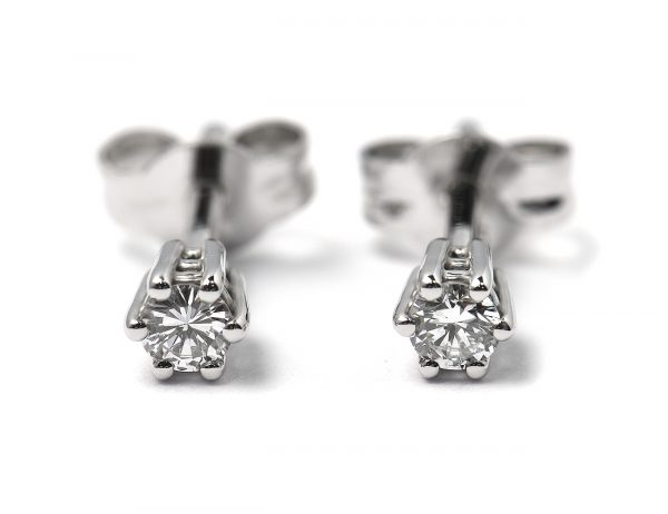 Boucles d'oreilles à clous avec diamant solitaire, en or blanc 585 14 carats, 2 diamants totalisant 0,17 ct