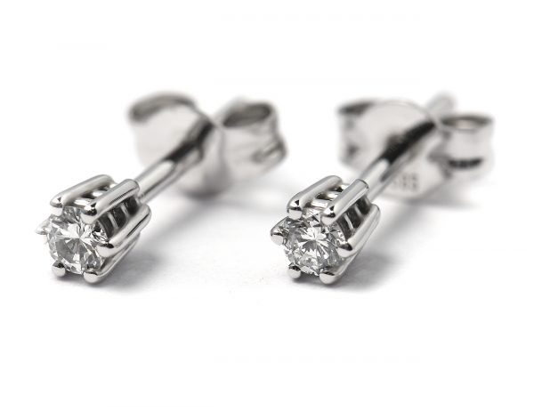Boucles d'oreilles à clous avec diamant solitaire, en or blanc 585 14 carats, 2 diamants totalisant 0,17 ct