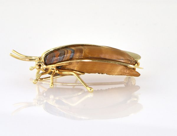 Brosche Fliege (Käfer) mit Tigerauge 585/000 14 K Gelbgold