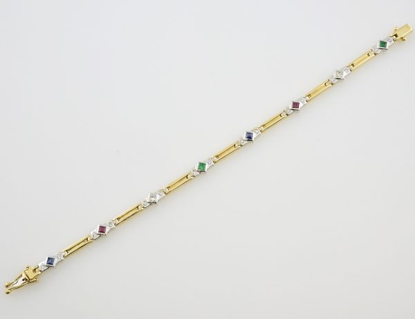 Armband Rubin, Saphir, Smaragd 18,5 cm 750 Gelbgold  18 Brillanten zus. 0,45 ct