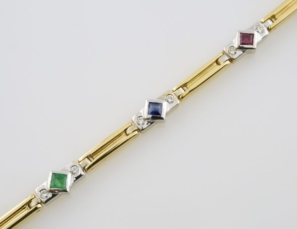 Armband Rubin, Saphir, Smaragd 18,5 cm 750 Gelbgold  18 Brillanten zus. 0,45 ct