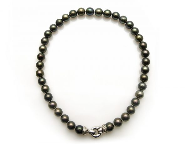 Tahitiperlenkette 10mm-11,80mm, 46 cm, 585 Weißgoldschließe 26 Brill. zus.0,25ct