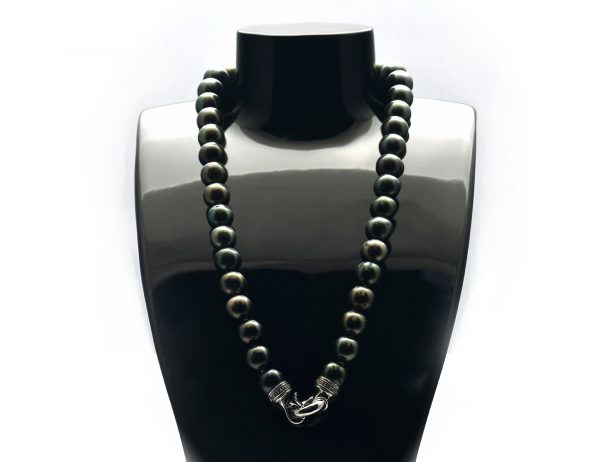 Tahitiperlenkette 10mm-11,80mm, 46 cm, 585 Weißgoldschließe 26 Brill. zus.0,25ct