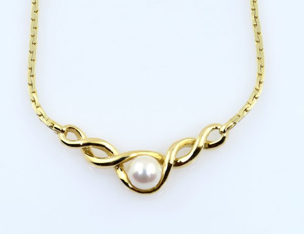Kette 585/000 14 K Gelbgold Collier mit Perle, 42 cm lang