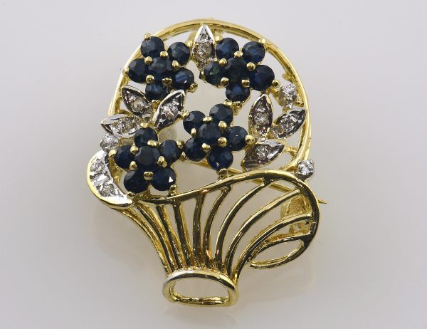 Brosche-Anhänger Saphir 585 14 K Gelbgold 14 Diamanten zus. 0,10 ct