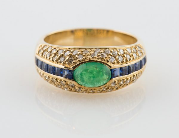 Ring Saphir, Smaragd 585/000 14 K Gelbgold 58 Brillanten zus. 0,58 ct