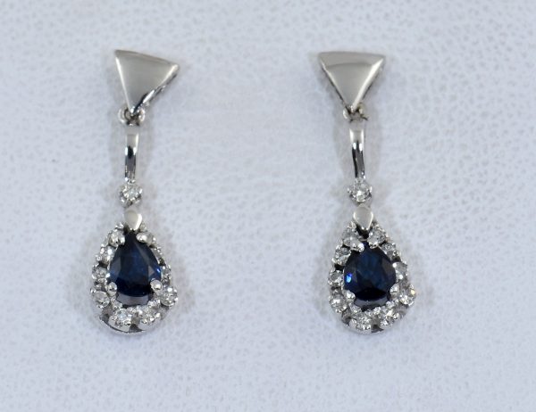 Ohrstecker Hänger Saphir 333/000 8 K Weißgold 22 Diamanten zus. 0,20 ct